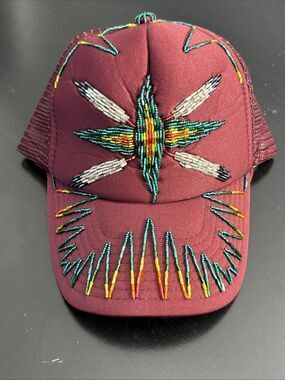 VTG Nissin Maroon Beaded Dragonfly Thunderbird Trucker Hat Snapback Handmade New